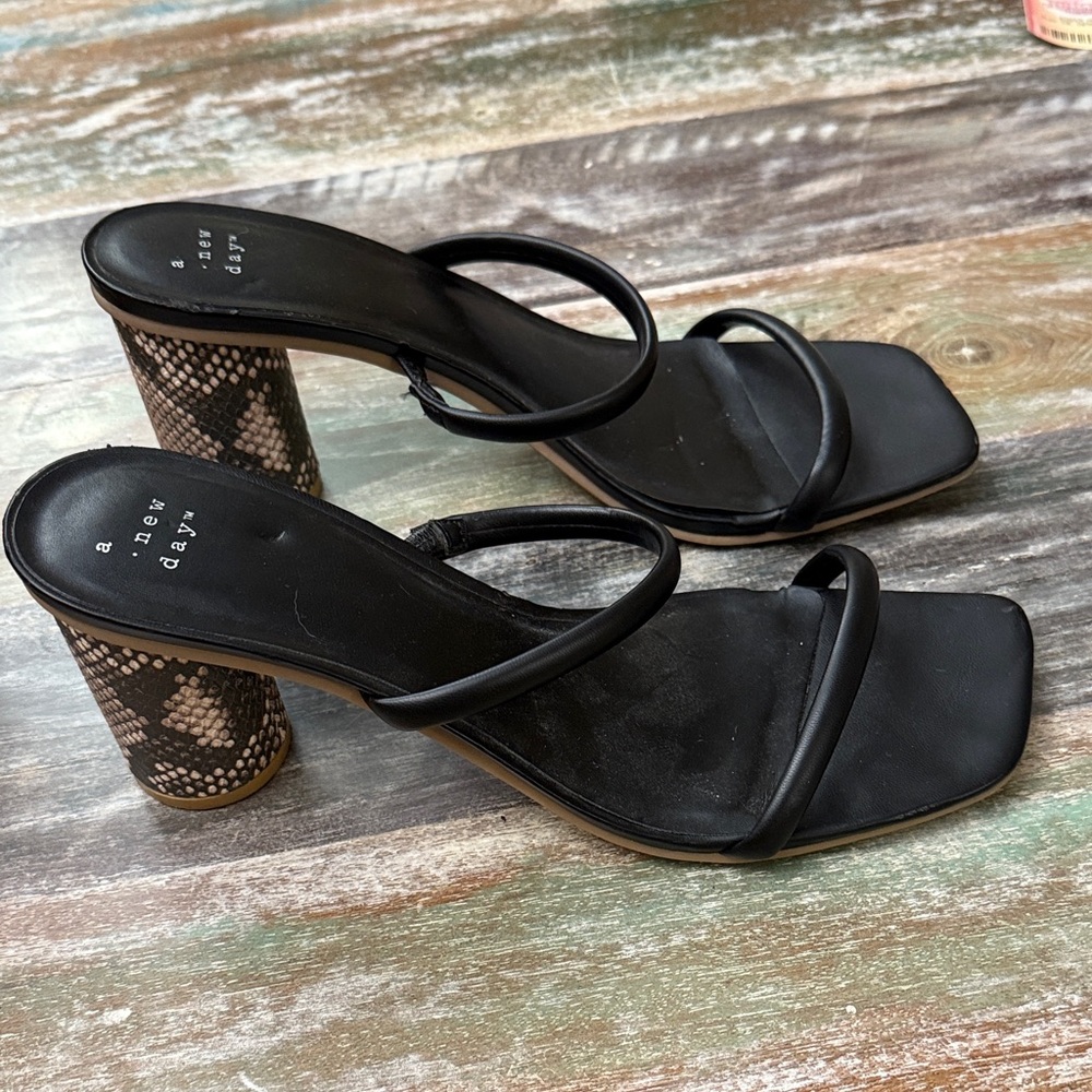 A New Day Black Strappy Heels with Snakeskin Block